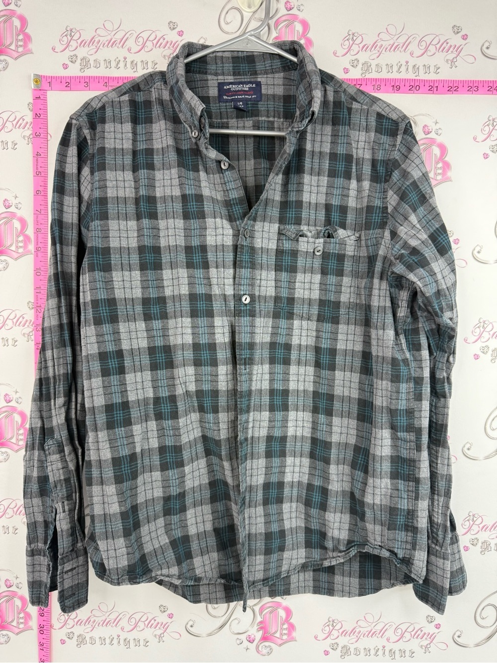 American Eagle Outfitters Gray and Teal Plaid Button-Up Shirt